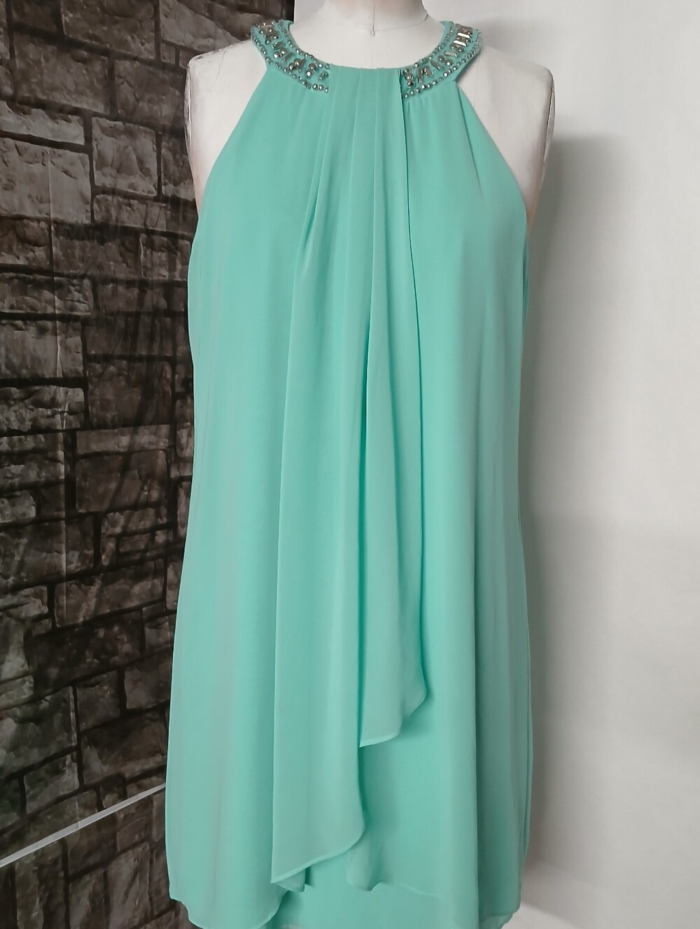 Beaded Halter Midi in Aqua Green Women's Evening Dress. - Picture 4 of 12